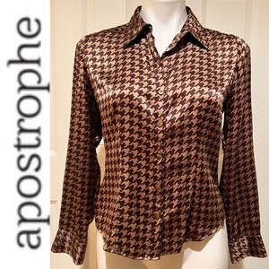 3/$30 Apostrophe Houndstooth Silk Long Sleeve Button Down Ladies Petite Shirt